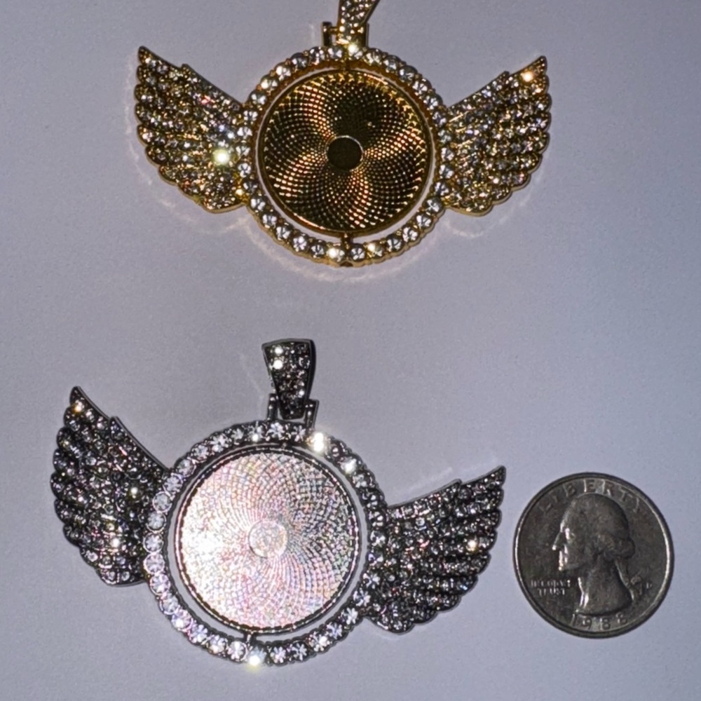 Photo Keepsake Spinning Winged Pendant • Sparkling Crystals Memory Picture Charm